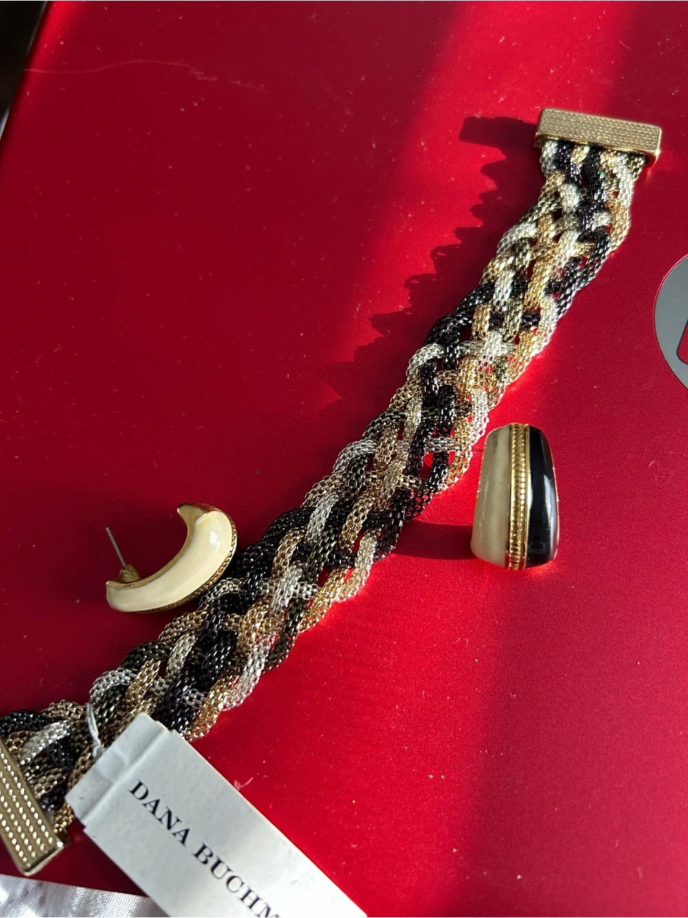 Dana Buchman Braided Metallic Bracelet with Black and Cream Earrings